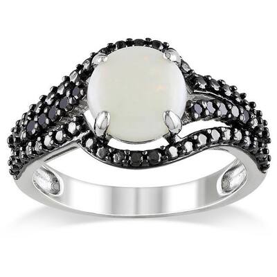 Miadora Sterling Silver Opal and 1/10ct TDW Black Diamond Ring (1 1/4ct TGW)