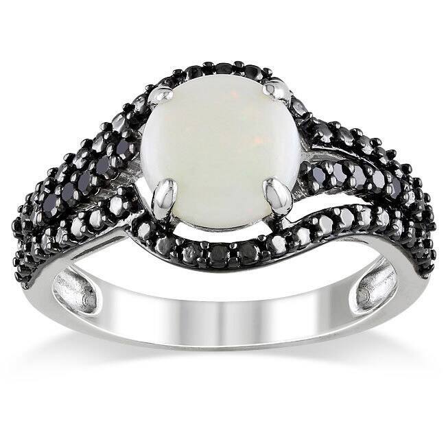Miadora Sterling Silver Opal and 1/10ct TDW Black Diamond Ring (1 1/4ct TGW) - 9