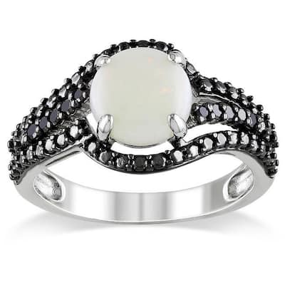 Miadora Sterling Silver Opal and 1/10ct TDW Black Diamond Ring (1 1/4ct TGW)