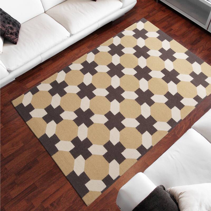 Hand-woven Tan Geometric Arctos Flatweave Wool Area Rug - 5' x 8' - 5' x 8'