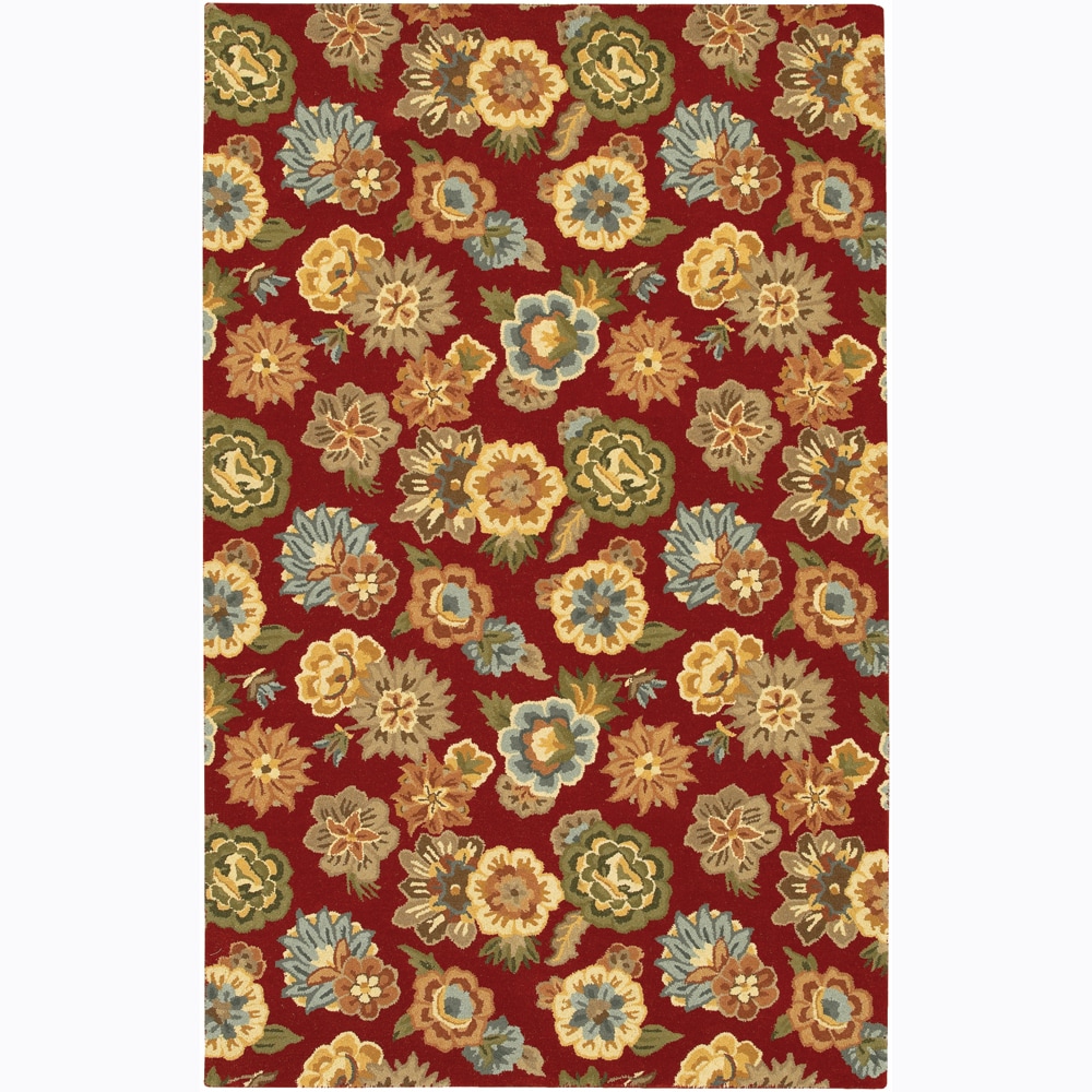 Hand tufted Transitional Mandara Red Floral Wool Area Rug (5 X 76)