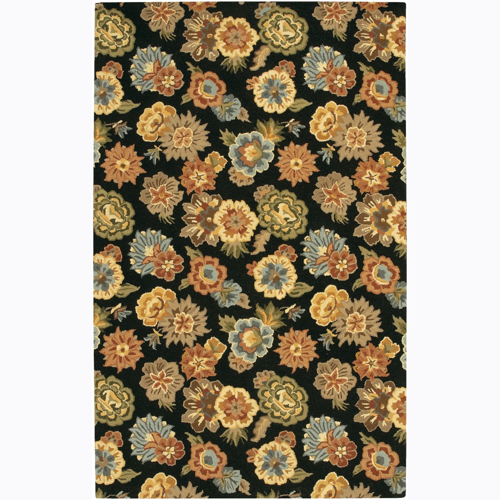 Hand tufted Mandara Transitional Floral Black Wool Rug (5 X 76)