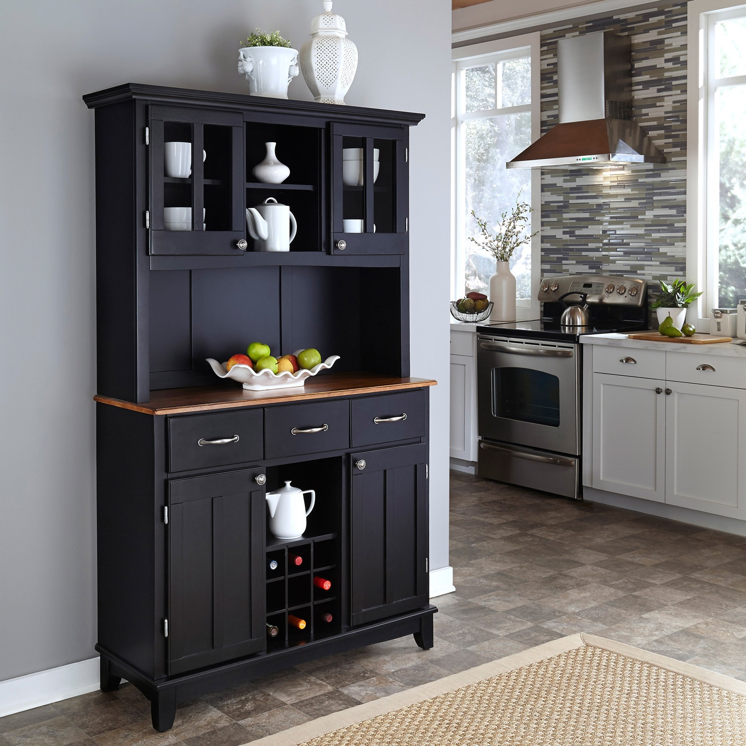 Black Hutch Buffet With Wood Top