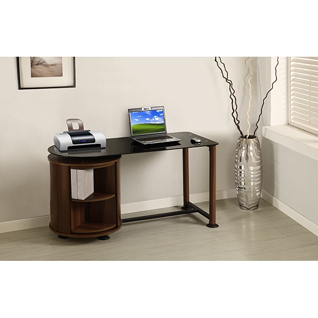 Brown Suzanne Workstation (BrownUnique contemporary design Sleek black glass top Rotating storage with adjustable shelves Color matching laminated metal tubular frame Large glides provides extra stability Ideal for home or home officeModel DF 91504Dimens