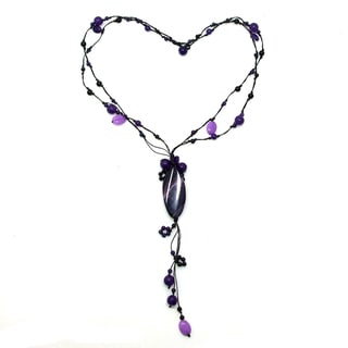 Purple Agate and Amethyst Cotton Rope Necklace (Thailand)