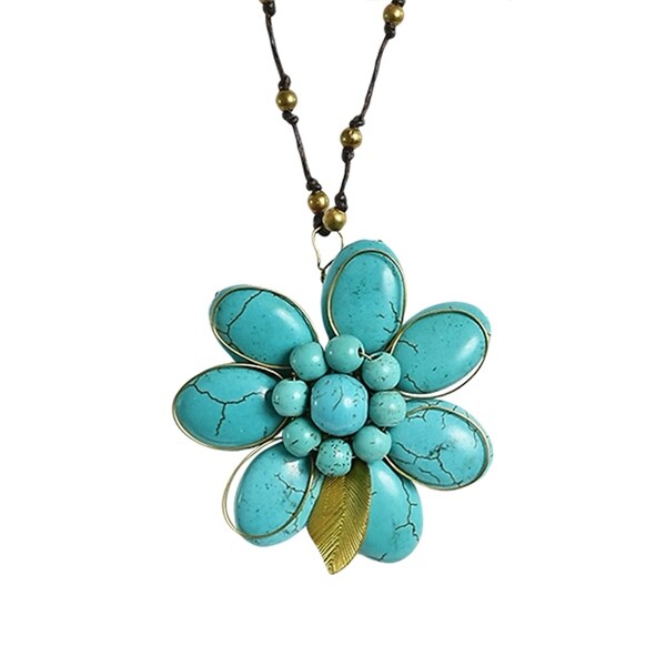 Shop Handmade Brass Turquoise Cotton Rope Floral Necklace (Thailand