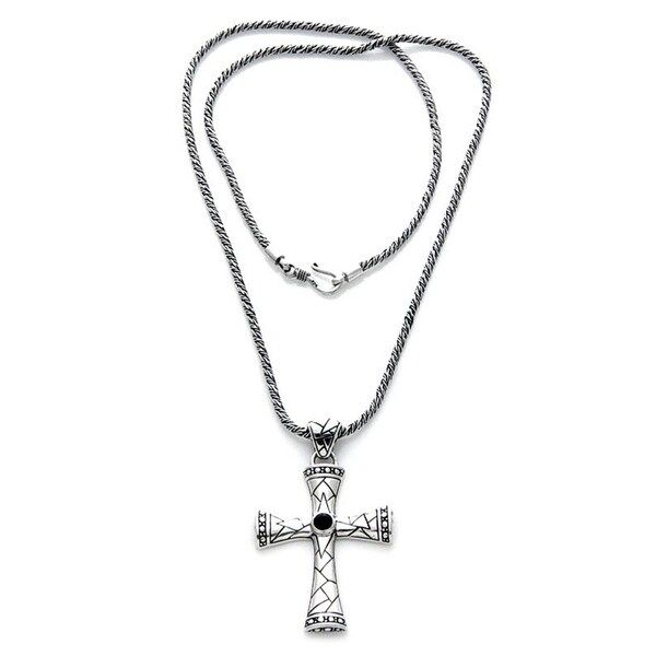 Sterling Silver Men's 'Keeping The Faith' Onyx Necklace (Indonesia)