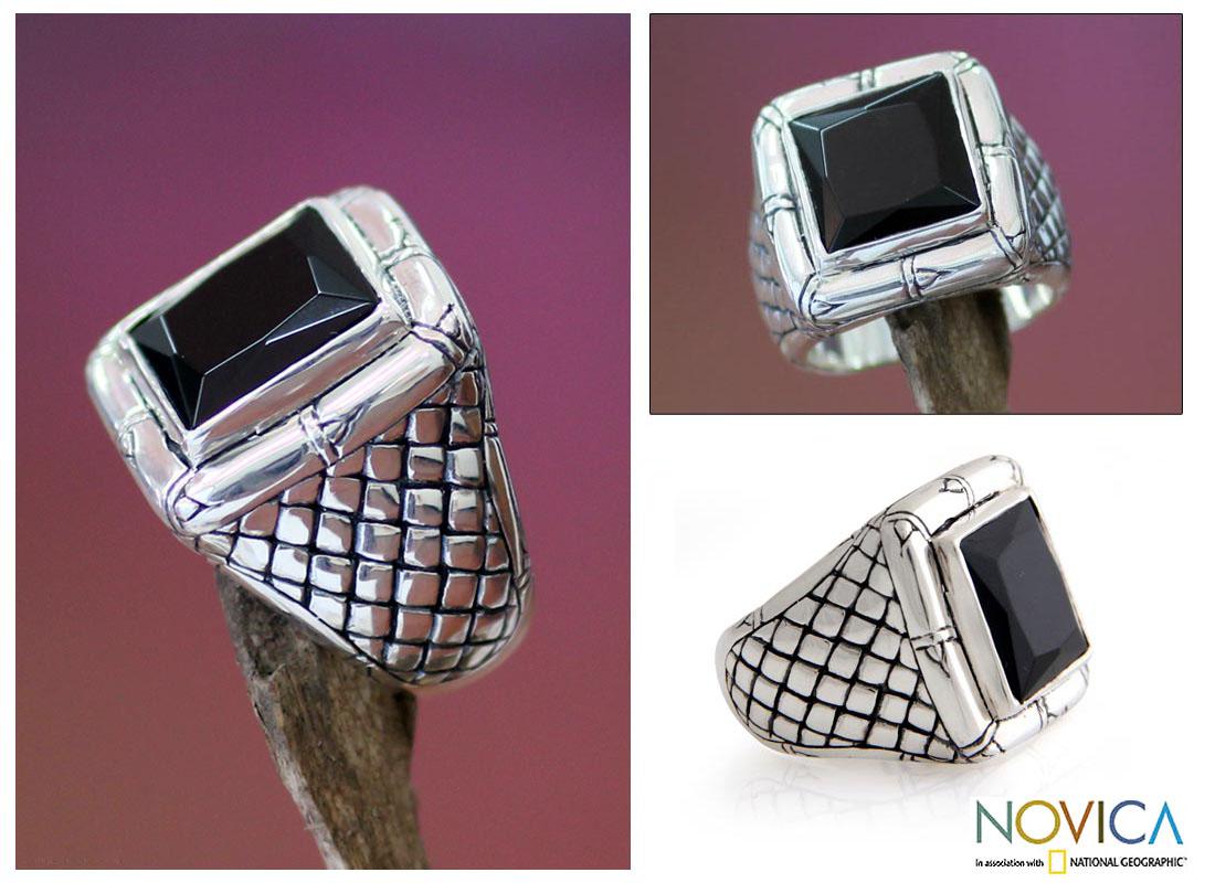 Kingdom of Night Unique Handmade Modern Square Cut Faceted Black Onyx Set in 925 Sterling Silver Mens Ring (Indonesia)