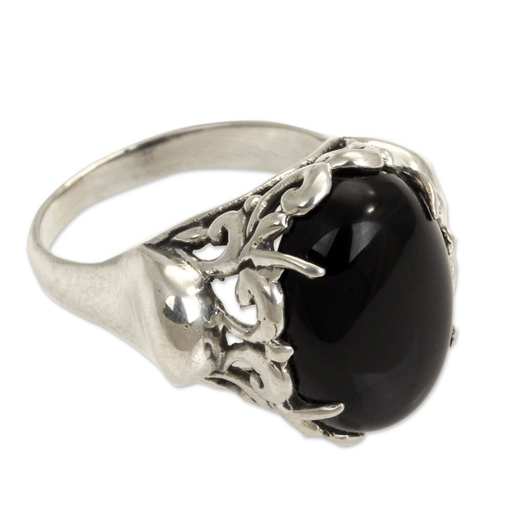 Jewels House Mid Night Black Onyx Oval Cut Gemstone Silver Plated Handmade Statement Ring US-9.5