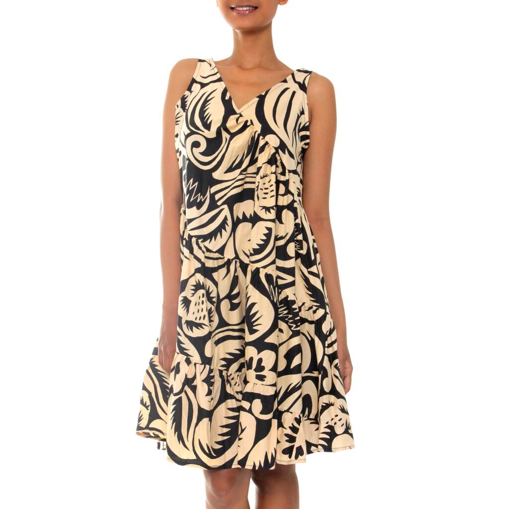 Balinese Shadow Handmade Artisan Designer Cotton Black Yellow Batik Women's Clothing Fashion Party Swing Dress (Indonesia)