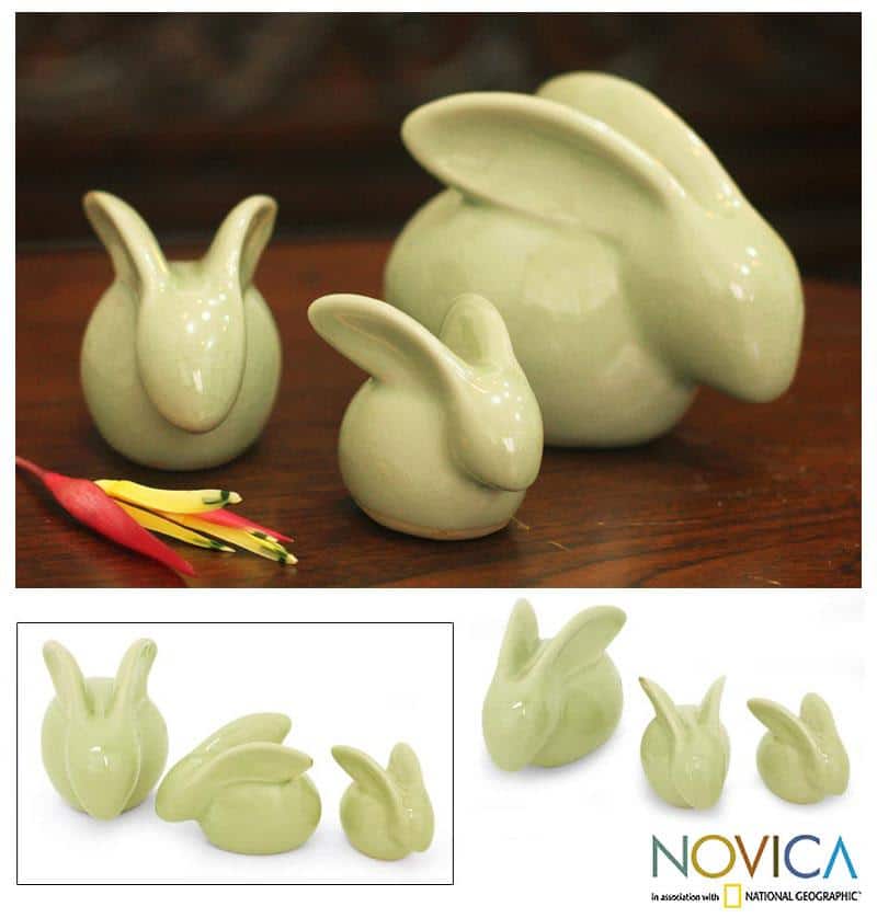 Set of 3 Celadon Ceramic 'Chiang Mai Rabbits' Figurines (Thailand)