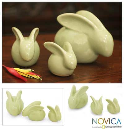 Set of 3 Celadon Ceramic 'Chiang Mai Rabbits' Figurines (Thailand)