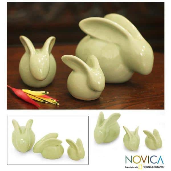 2 Celadon Ceramic Rabbit Figurines in Turquoise, 'Bunny Rabbits