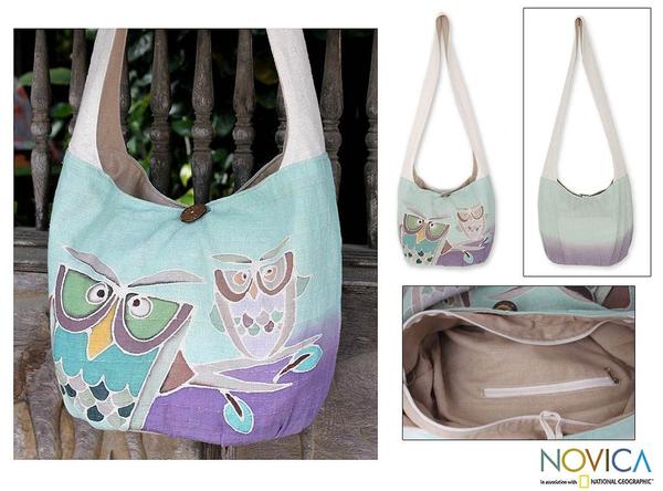 Cotton 'Owl Sisters' Sling Handbag (Thailand) Novica Shoulder Bags