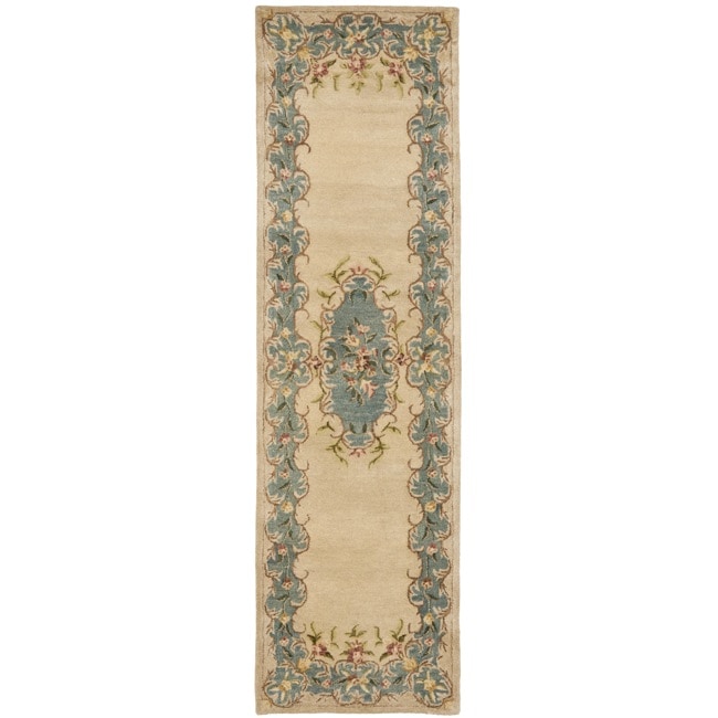 Handmade Ivory/ Light Blue Hand spun Wool Rug (23 X 8)