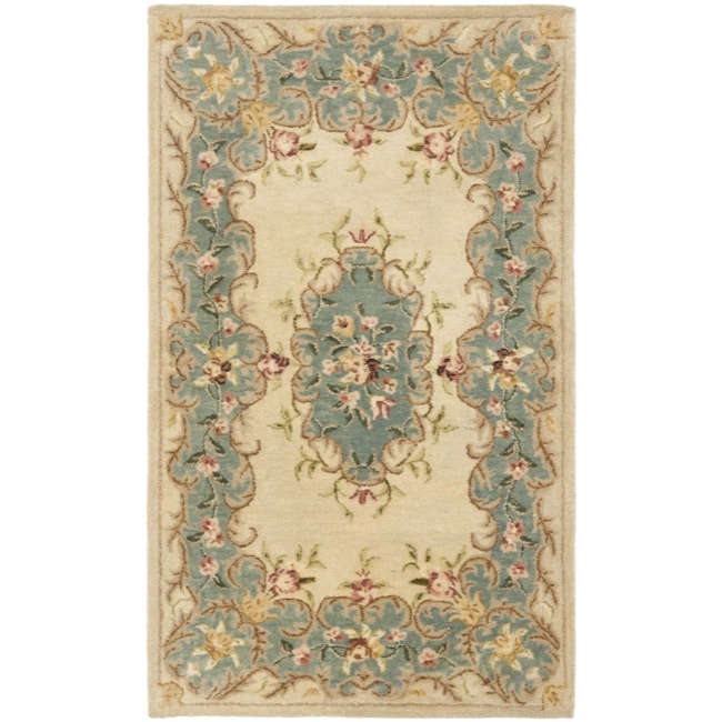 Handmade Ivory/ Light Blue Hand spun Wool Rug (2 X 3)