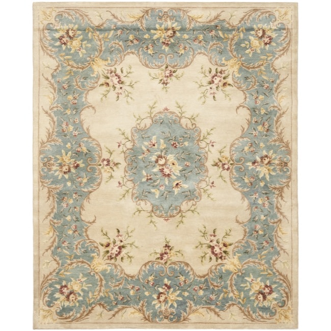 Handmade Ivory/ Light Blue Hand spun Wool Rug (8 X 10)