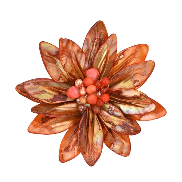 Handmade Pretty Orange Water Lily Mother of Pearl Pin-Brooch (Thailand). Opens flyout.