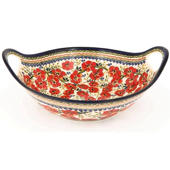 Handmade Polish Stoneware Pottery 13.5-inch Handled Serving Bowl (Poland)