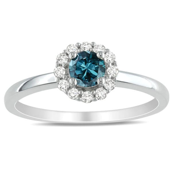 Miadora 10k White Gold 1/2ct TDW Blue and White Diamond Halo Engagement Ring