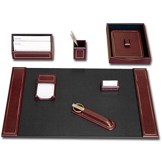 Dacasso Burgundy 24kt Gold Tooled Leather 7 piece Desk Set (BurgundySet includes 34 x 20 inch desk padMemo holder Business card holder Pencil cup Letter holder Letter openerLetter tray  )