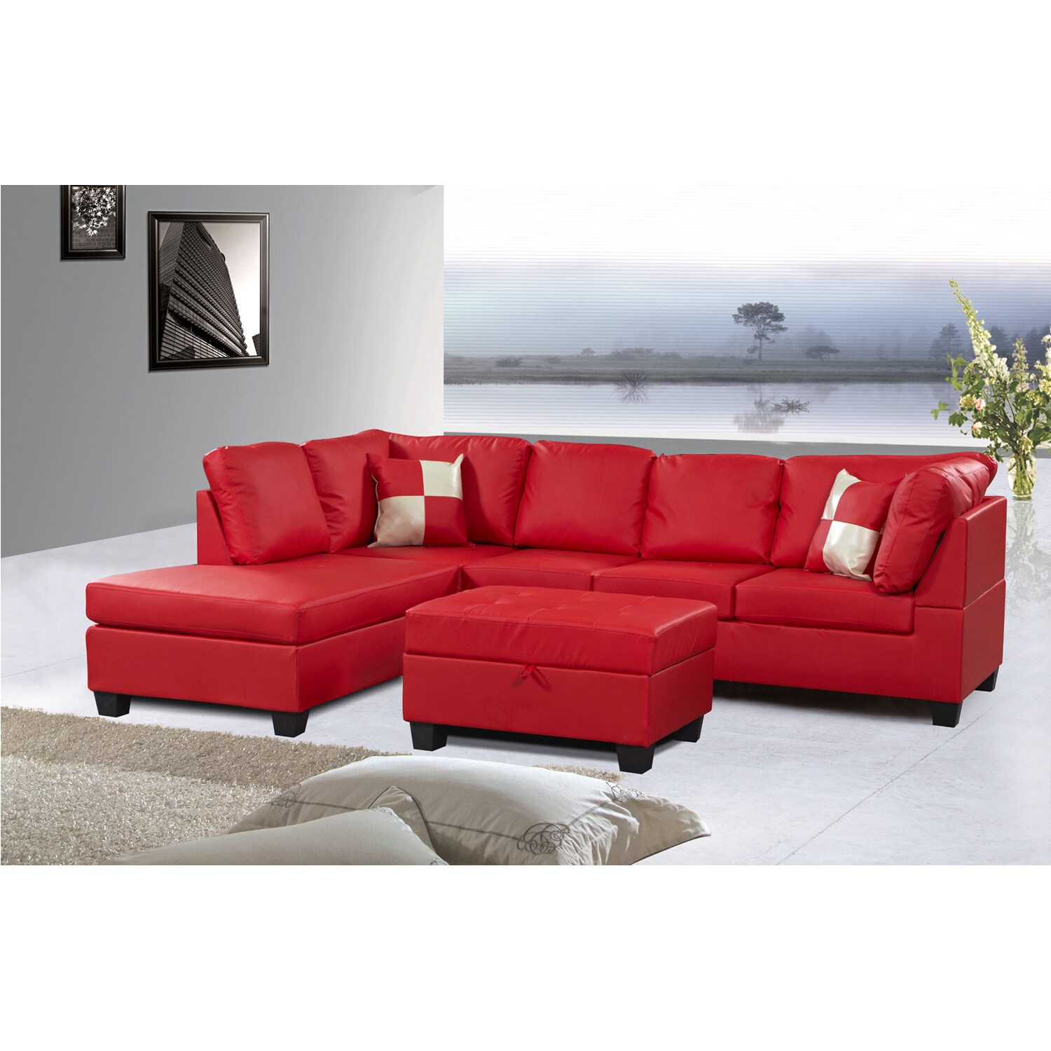 Jingo Faux Leather Orange red 3 piece Sectional Sofa Set