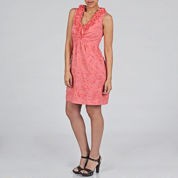 Tiana B. Womens Coral Cotton Ruffle Neck Sundress  