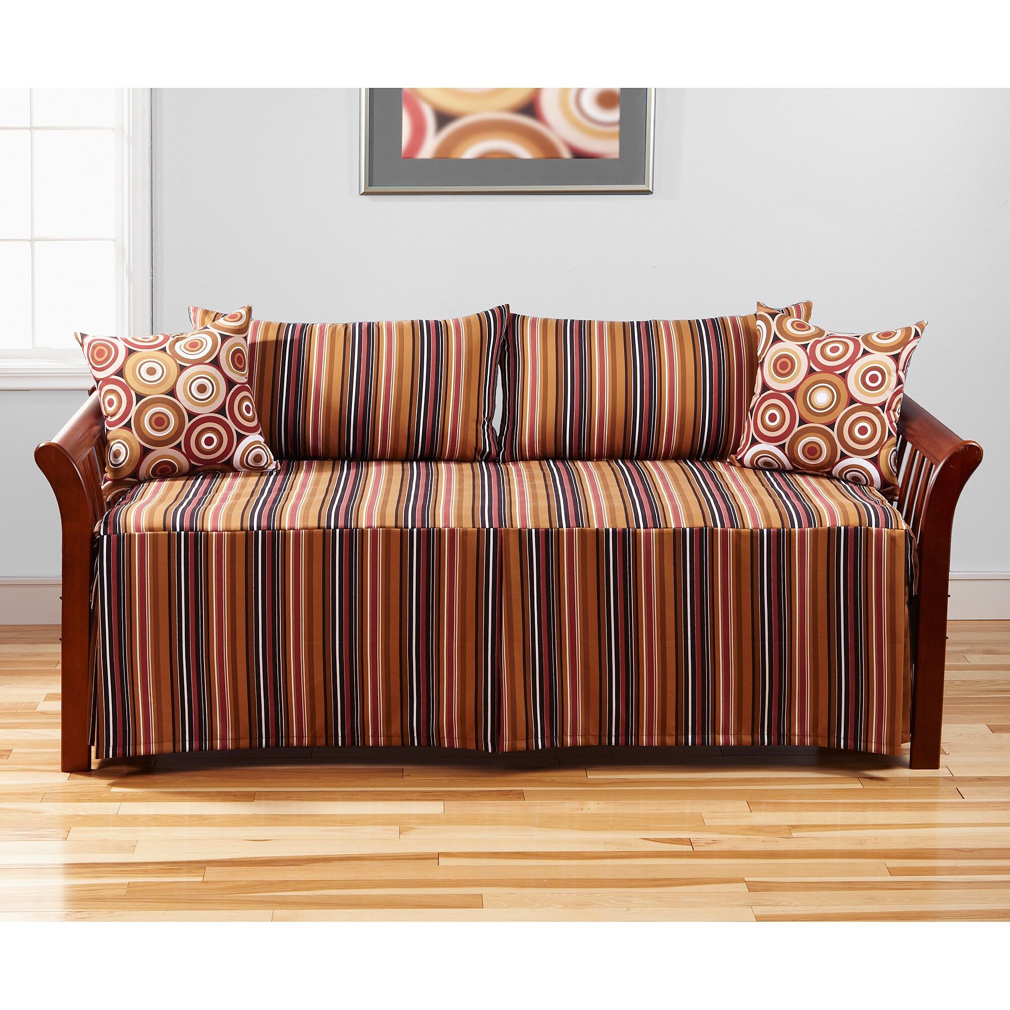 Rockin Stripe Five piece Contemporary Colorful Polyester Daybed Set (Cocoa bean brown/mocha brown/caramel/rusty red/black/white Materials 100 percent polyester Care instructions Machine washable Dimensions Bedskirt 39 inches wide x 75 inches long with 