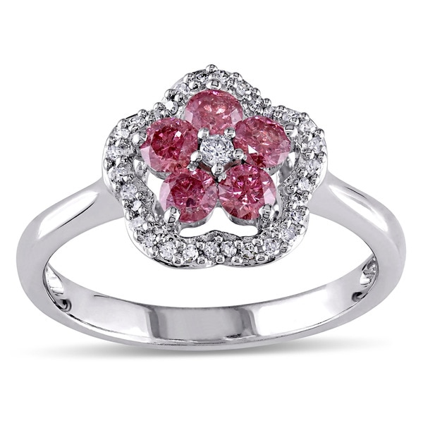 Miadora 14k White Gold 1/2ct TDW Pink and White Diamond Halo Ring (G H