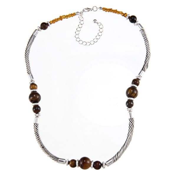 Crystale Silvertone Tiger's Eye Bead Tube Necklace Crystale Gemstone Necklaces