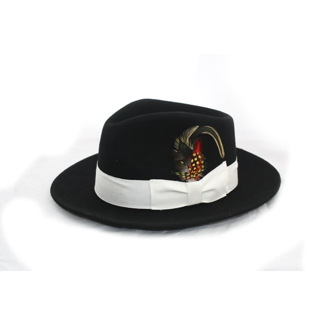 Ferrecci Mens Black Wool White Banded Fedora Hat (100 percent wool feltLining SatinWhite grosgrain bowed ribbon bandFeather embellishmentModel FED_BW_D615Crown height 6 inchesCrown strap 1 inchBrim width 2 inchesDiameter 12 inches wide x 14 inches l