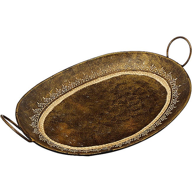 Handmade Decorative Embossed Wrought Iron Curved Tray with Loop Handles (India)