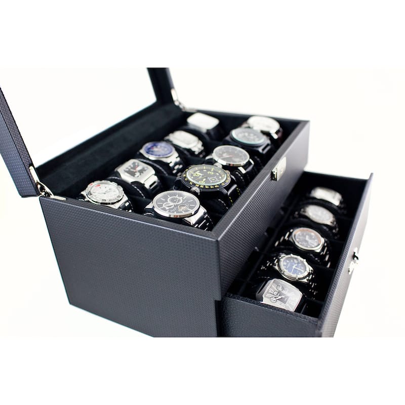 Caddy Bay Collection Carbon Fiber Pattern Finish Glass Top One Drawer 20 Watch Storage Case