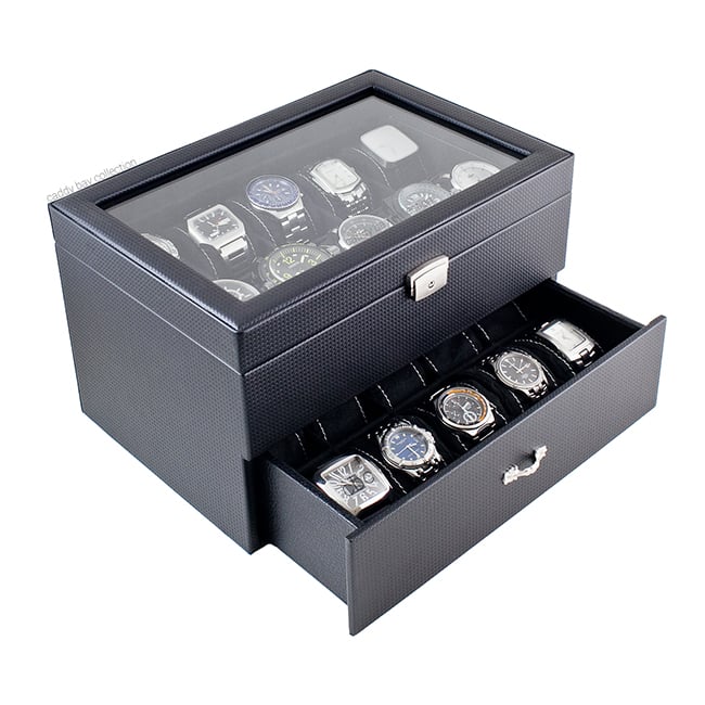 Caddy Bay Collection Carbon Fiber Pattern Finish Glass Top One Drawer 20 Watch Storage Case