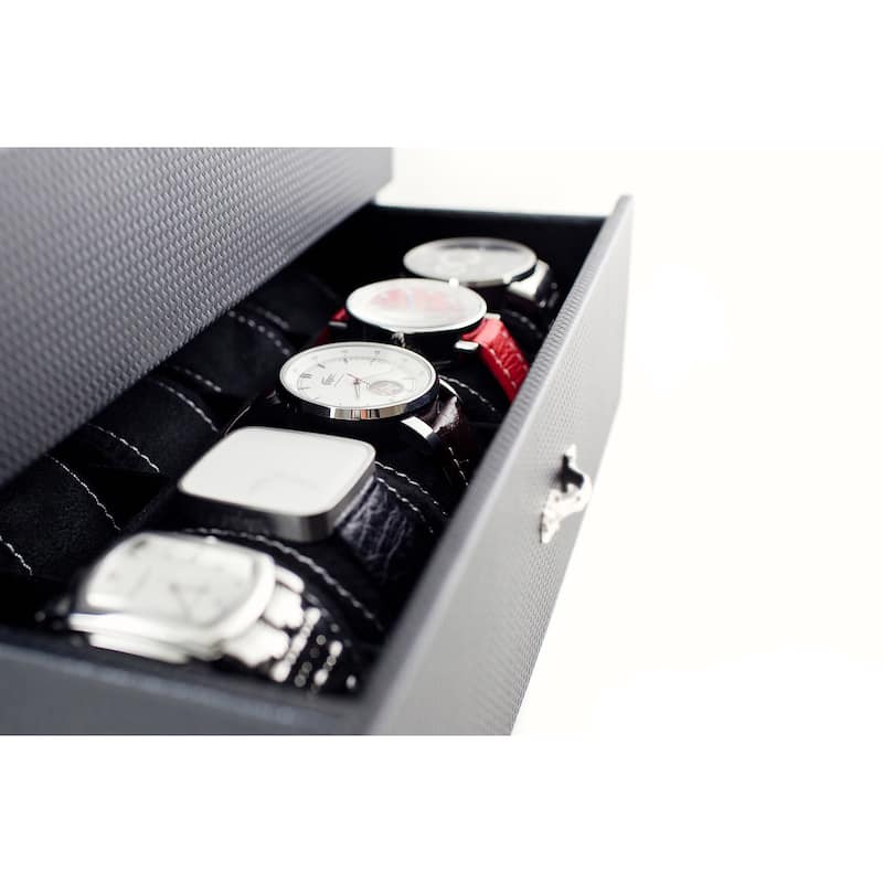 Caddy Bay Collection Carbon Fiber Pattern Finish Glass Top One Drawer 20 Watch Storage Case