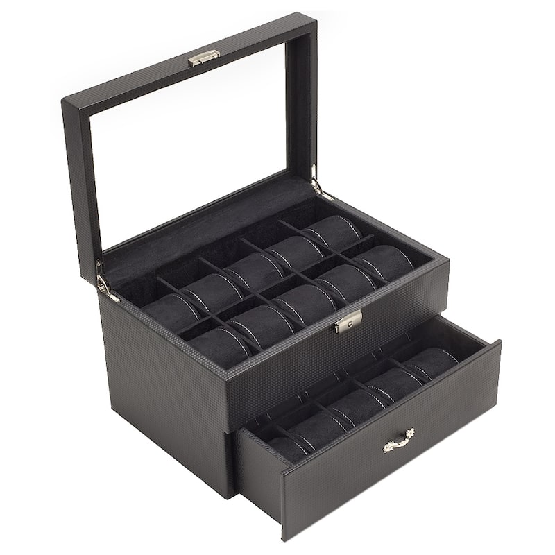 Caddy Bay Collection Carbon Fiber Pattern Finish Glass Top One Drawer 20 Watch Storage Case