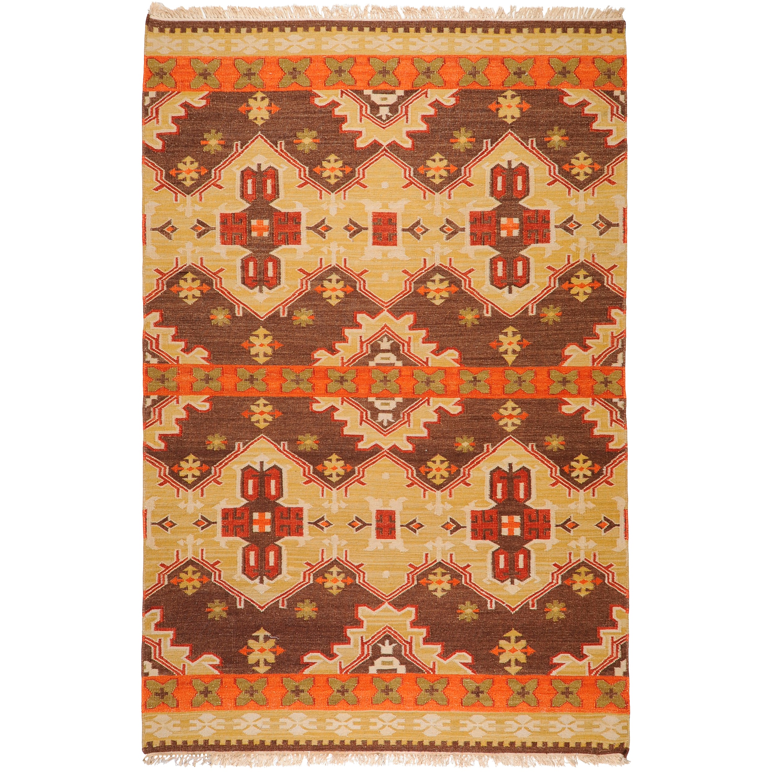 Handwoven Orange/Brown Southwestern Aztec Agora Hard Twist Wool Area