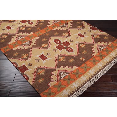 Hand-woven Orange/Brown Southwestern Aztec Agora Hard Twist Wool Area Rug - 8' x 11' - 8' x 11'