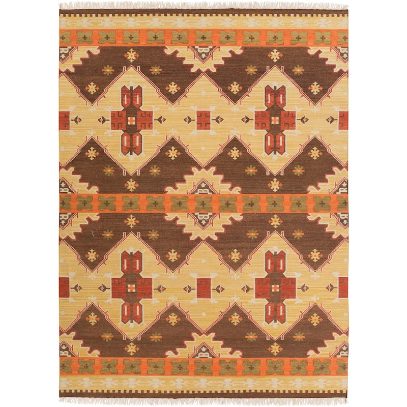 Hand-woven Orange/Brown Southwestern Aztec Agora Hard Twist Wool Area Rug - 8' x 11' - 8' x 11'