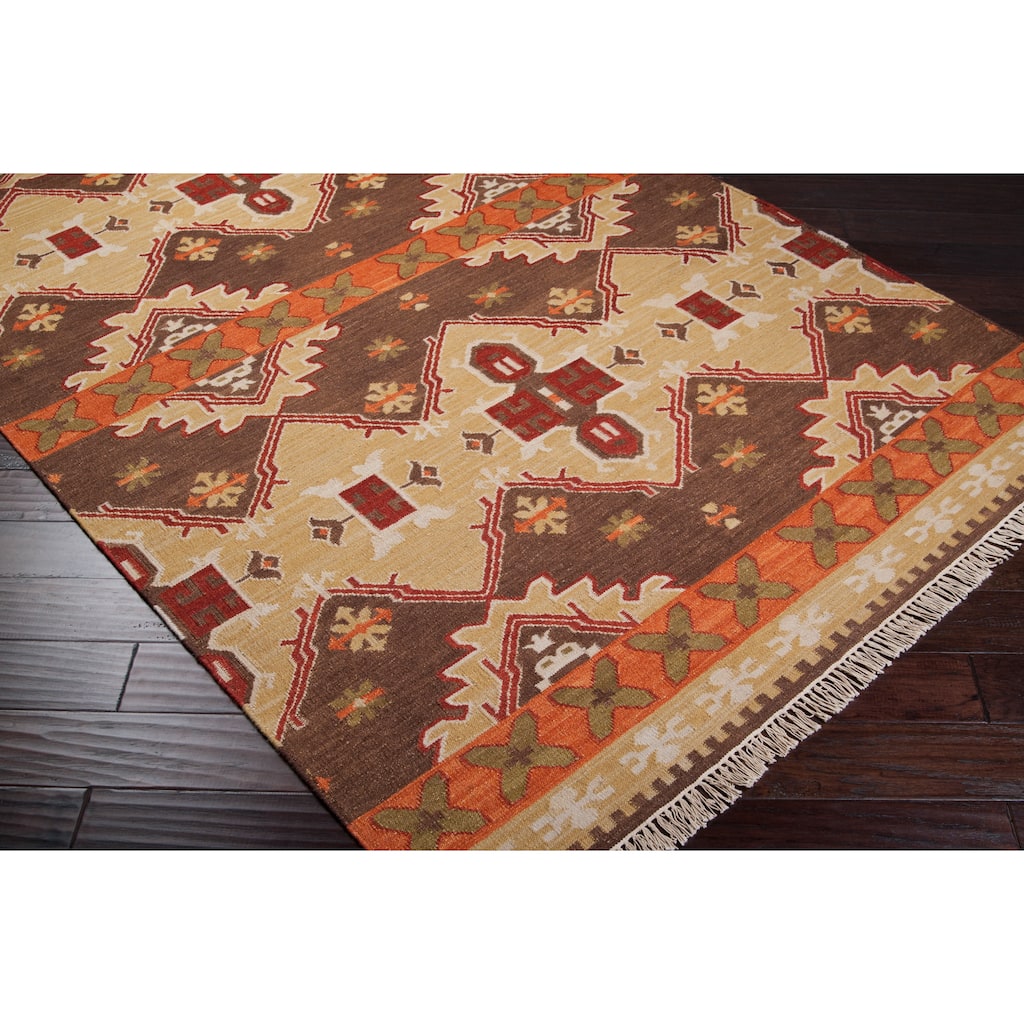 Hand-woven Orange/Brown Southwestern Aztec Agora Hard Twist Wool Area Rug - 8' x 11' - 8' x 11'