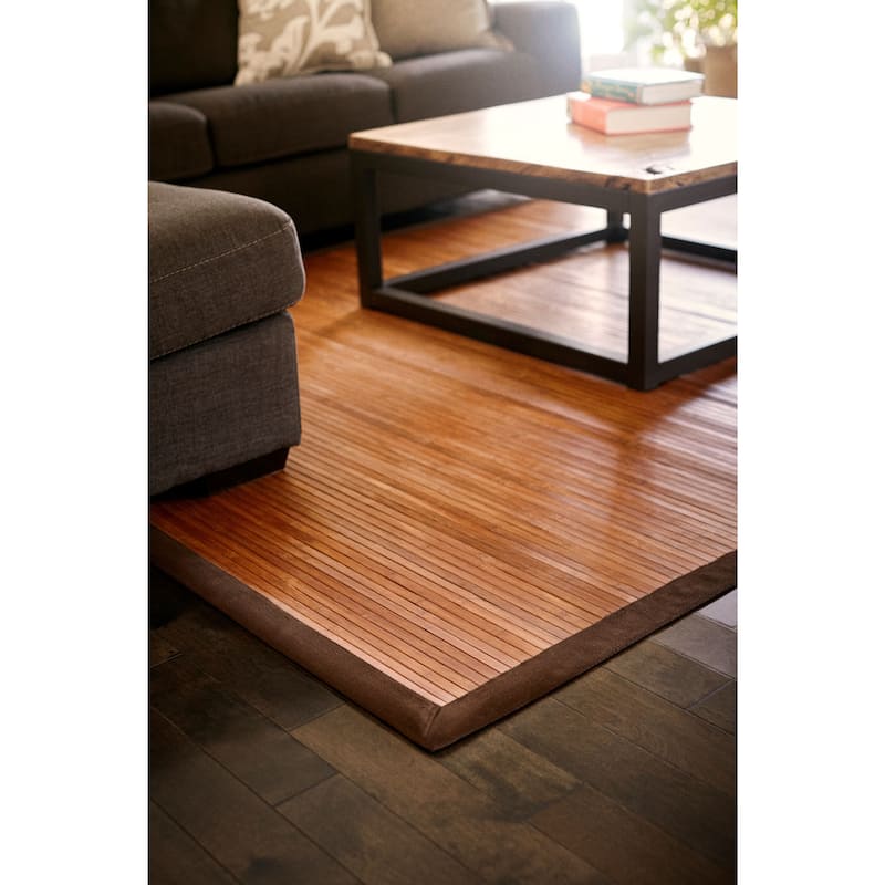 Jani Truffle Light Brown Bamboo Rug with Dark Brown Border - 7' x 10' Feet, Contemporary Chocolate Design