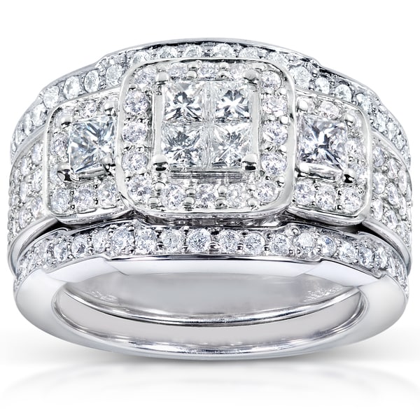 Annello 14k White Gold 1 1/3ct TDW Diamond 3 piece Bridal Ring Set (H