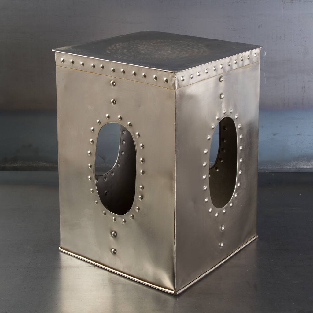 Handmade Square Mirror Nickel Rivet Stool (India)