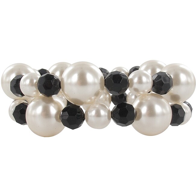 Roman Cream Faux Pearl And Black Plastic Bead Stretch Bracelets Roman Cream Faux Pearl And Black Plastic Bead Stretch Bracelets Set Of 2
