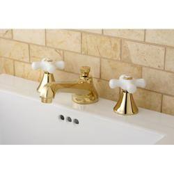 Kingston Brass Cross-Handle Polished Brass Widespread Bathroom Faucet - Porcelain Cross