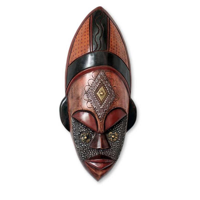 Handmade Serene Face Tribal Sese Wood Mask (Ghana) - 17.75" H x 7.25" W x 3.1" D