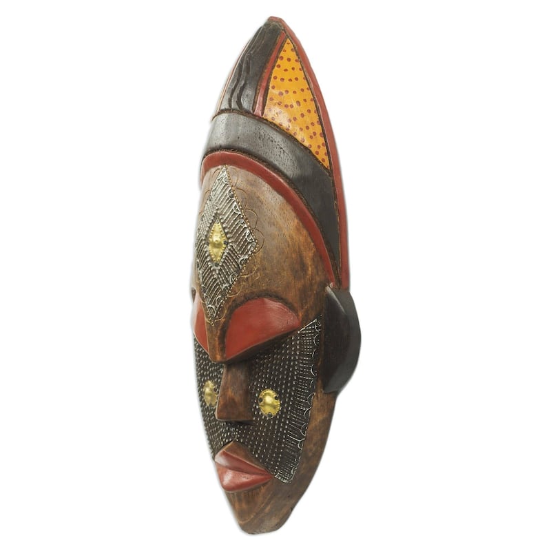 Handmade Serene Face Tribal Sese Wood Mask (Ghana) - 17.75" H x 7.25" W x 3.1" D