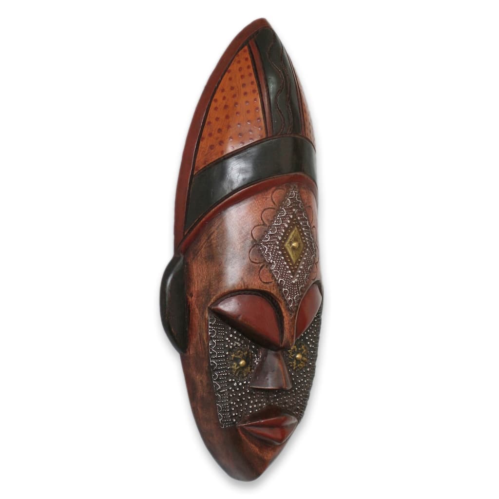 Handmade Serene Face Tribal Sese Wood Mask (Ghana) - 17.75" H x 7.25" W x 3.1" D
