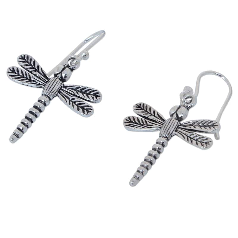 Handmade Mekong Dragonflies Sterling Silver Dangle Earrings (Thailand)