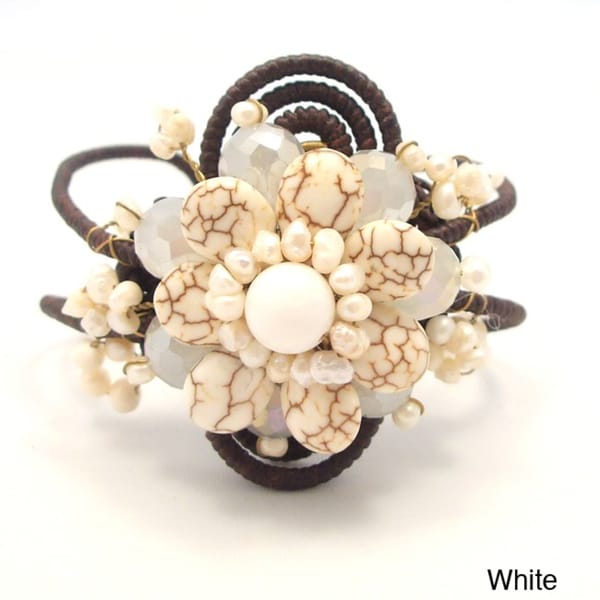 Flourishing Lotus White Turquoise Stone Cotton Rope Cuff (Thailand) Bracelets